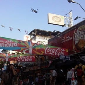 Military helicopter over Khao San Road Bangkok