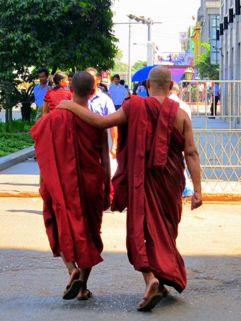 Monks walking in Yangon