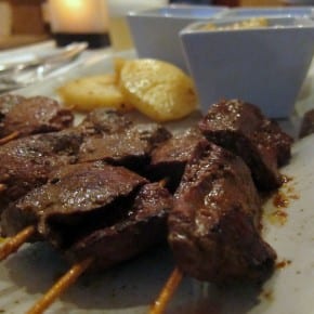 Closeup of the beef heart skewers at Bruje de Cachiche