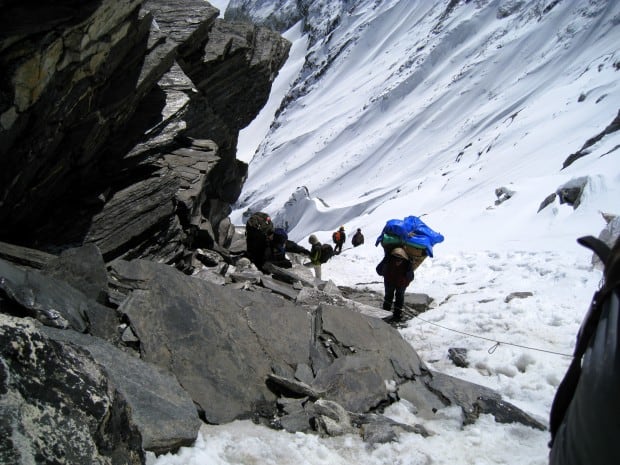 Scaling the west side of Amphu Laptsa