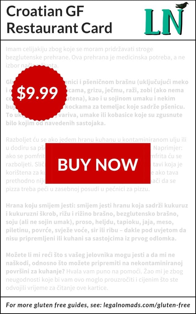 detailed gluten free restaurant card for Croatia