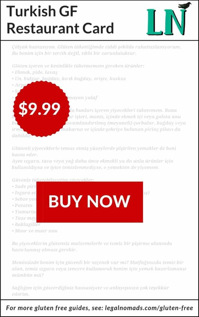 a gluten free restaurant card in turkish / for travel to turkey