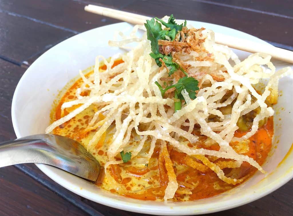 Khao soi in Chiang Mai - available gluten free with rice noodles, and crispy rice noodles on top.